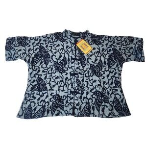 Peacock Ways World's Window Frog Closure Blouse OS Indigo Batik Butterfly Cotton